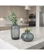 Conjunto 2 Vasos de Vidro Cinza/Ambar/Rosa | Textura Canelada | Flores e Difusor | 7x11 cm e 8x10 cm