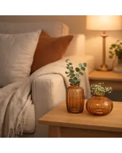 Conjunto 2 Vasos de Vidro Cinza/Ambar/Rosa | Textura Canelada | Flores e Difusor | 7x11 cm e 8x10 cm